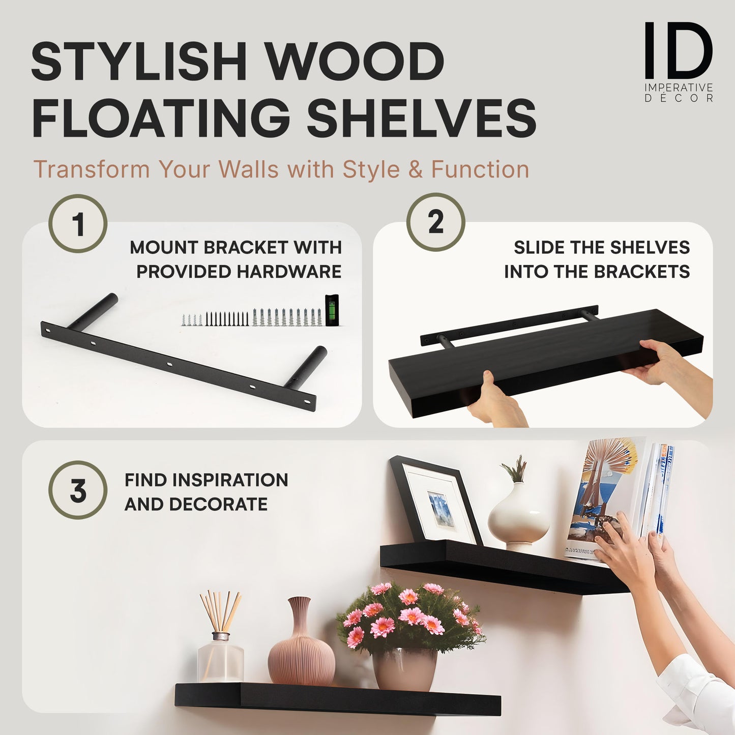 Black Floating Wall Shelves Set of 2